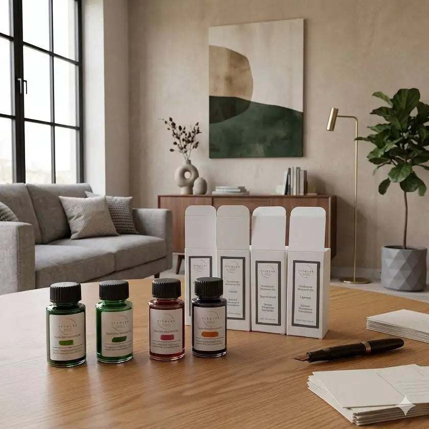 Handmade botanical ink bottles and packaging on a wooden table in a stylish room with a couch and plant.