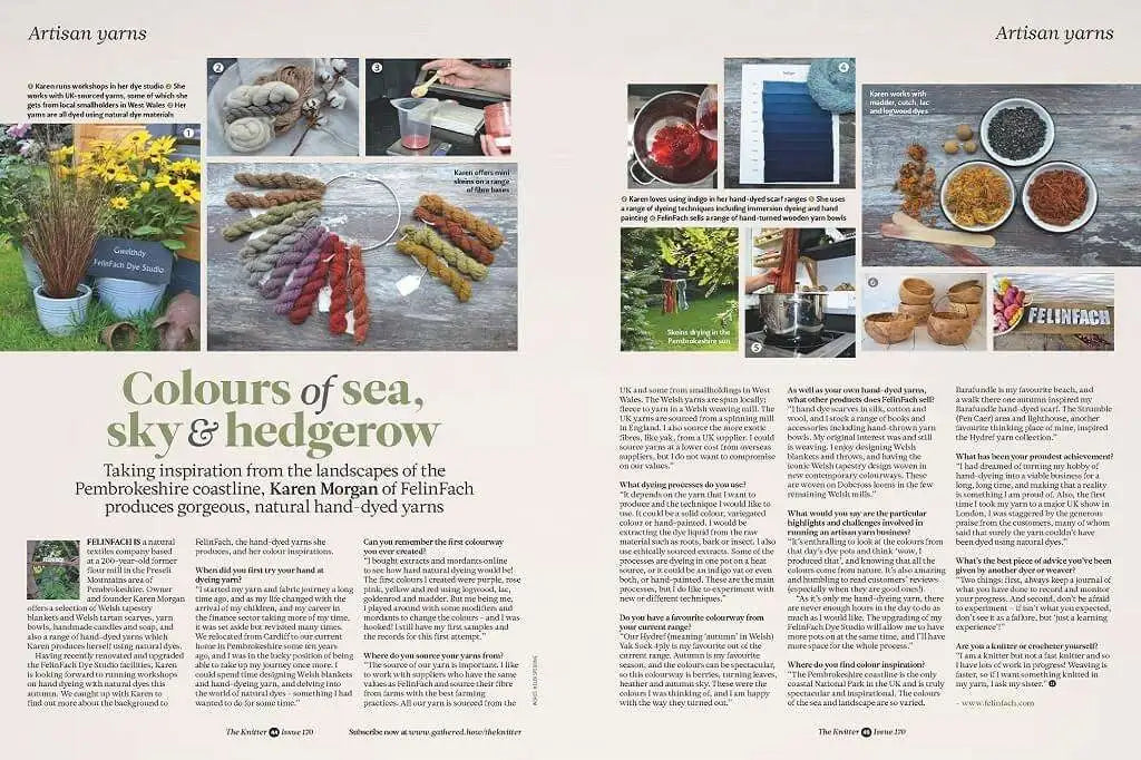 The Knitter Magazine spread with images of yarn and text about natural dye yarns.