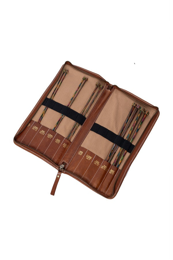 Redesigned Project 111 needle case is handcrafted from premium leather. Keep track of your jumper needles - walnut open view with jumper needles