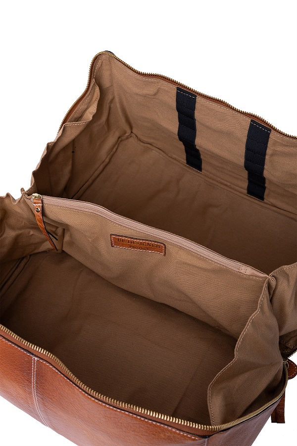 Redesigned Project 90 knitting bag, handcrafted in premium leather. Large for a sweater or jumper project - walnut tan open view