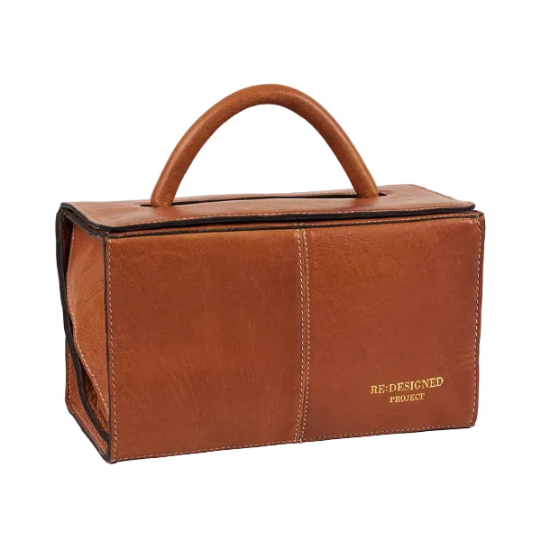 Project 134, a handcrafted leather knitting accessory bag designed to keep your yarn and tools neatly organised in style, at home or on the go. Burned Tan