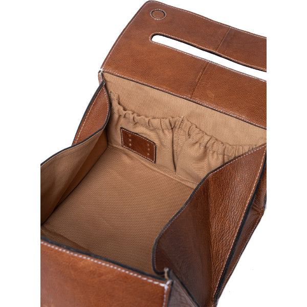 Project 134, a handcrafted leather knitting accessory bag designed to keep your yarn and tools neatly organised in style, at home or on the go. Walnut.