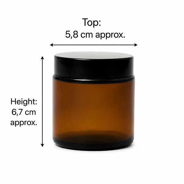 TirGlas Candles - An amber, apothecary style 10 cl glass jar with a black screw-on lid. Hand poured soy wax candles. Dimensions.