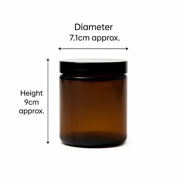 TirGlas Candles - An amber, apothecary style 20 cl glass jar with a black screw-on lid. Hand poured soy wax candles. Dimensions.