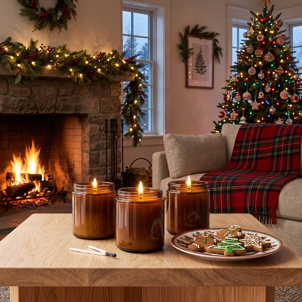 Gingerbread. Three lit amber glass jar candles sit on a wooden table in a cosy living room with a fireplace, Christmas tree, and plaid throw blanket.
