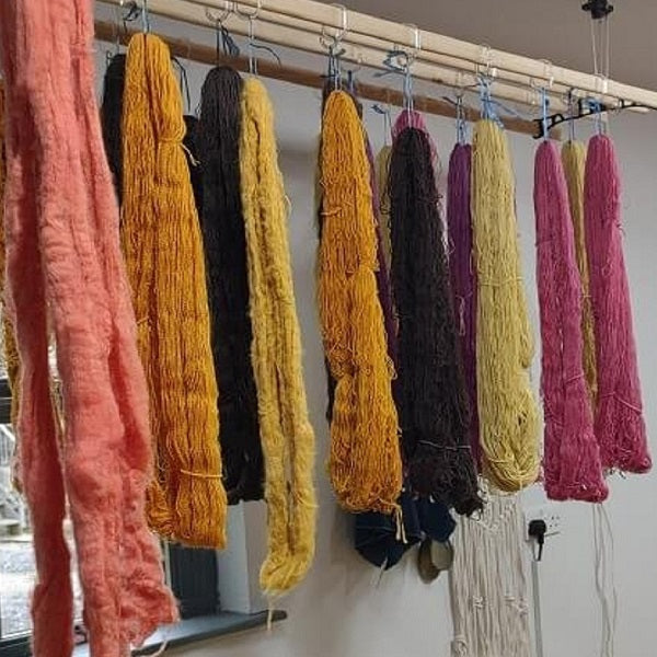 Natural dye workshops - protein fibres - Colourful yarn skeins hanging on a rack against a white wall.