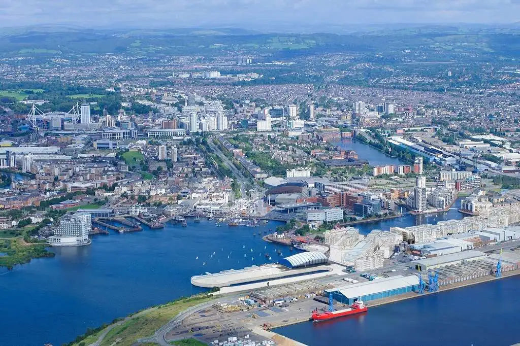 Wales - aerial view of Cardiff, capital city of Wales