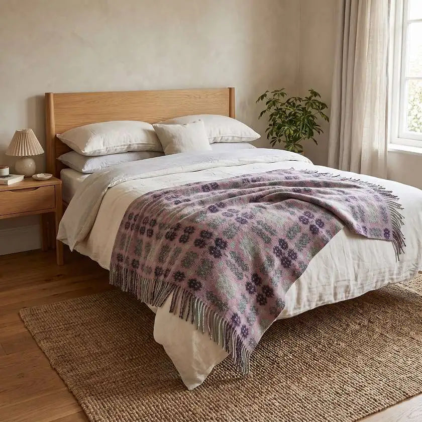 Cambrian Welsh blanket, draped over a double bed