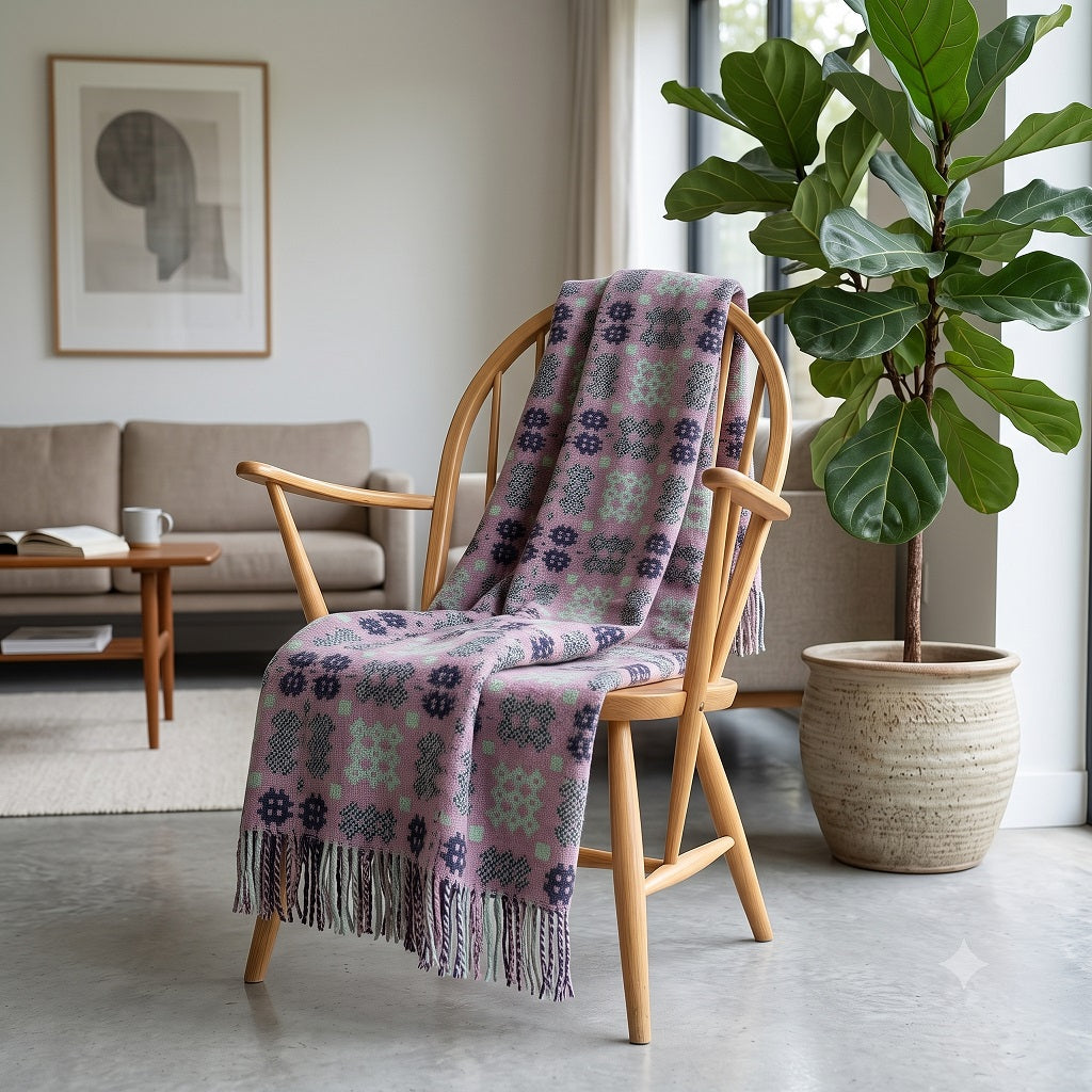 Welsh blanket - Cambrian in heather colours and the Caernarfon portcullis patterns