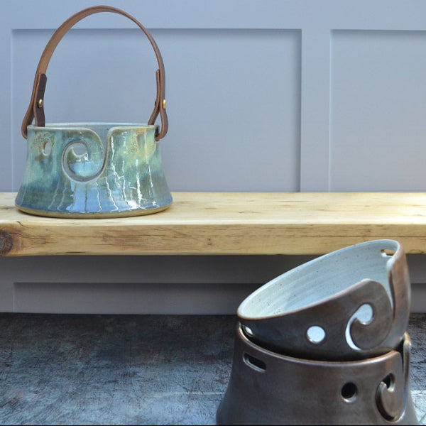 Unique flared-based yarn bowls with distinctive and much-loved leather handles in our Stoneware Pottery range. Sea Green.