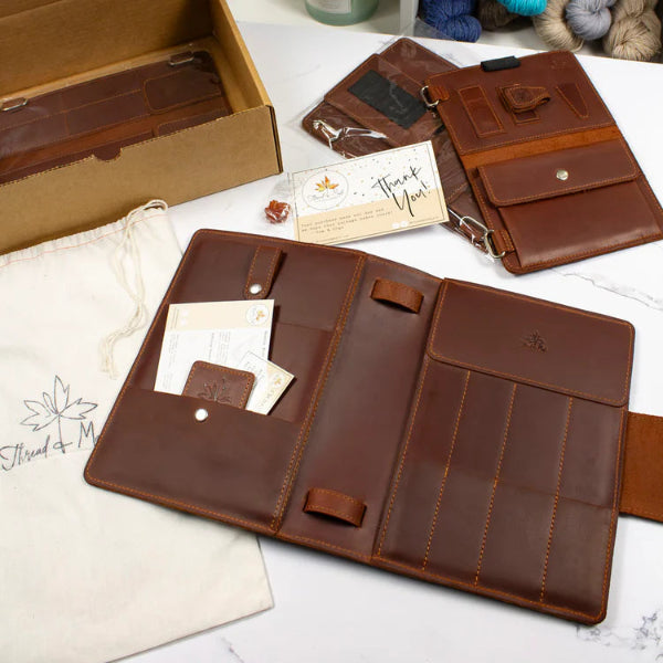 Brown leather wallet with multiple card slots on a white surface, with 'Thread & Mo' branding.