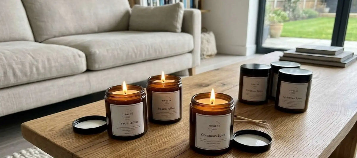 TirGlas Candles - Handmade and and poured in Wales with plant-based soy wax. Candles on an oak table in a modern living room