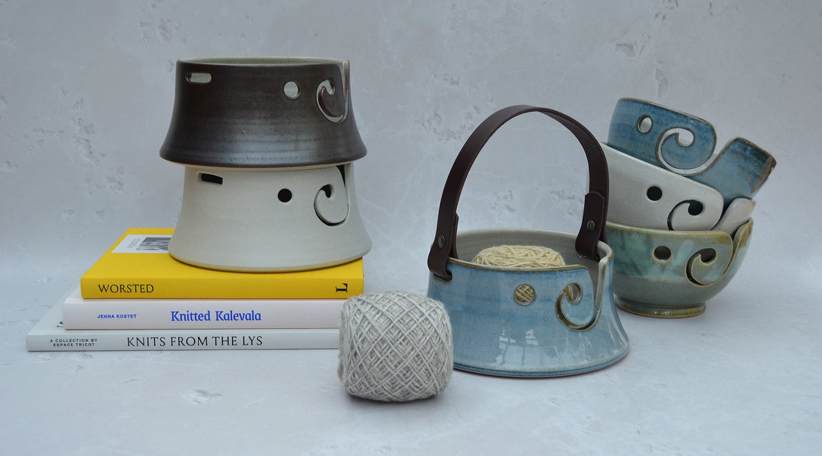 Yarn Bowls. Unique handmade yarn bowls with our distinctive and much-loved leather handles in a variety of designs and colours.