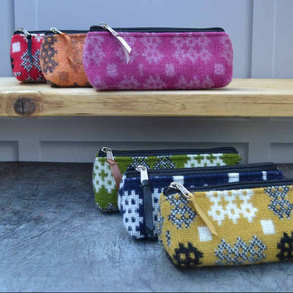Welsh tapestry pencil cases in new wool with the Caernarfon portcullis patterns