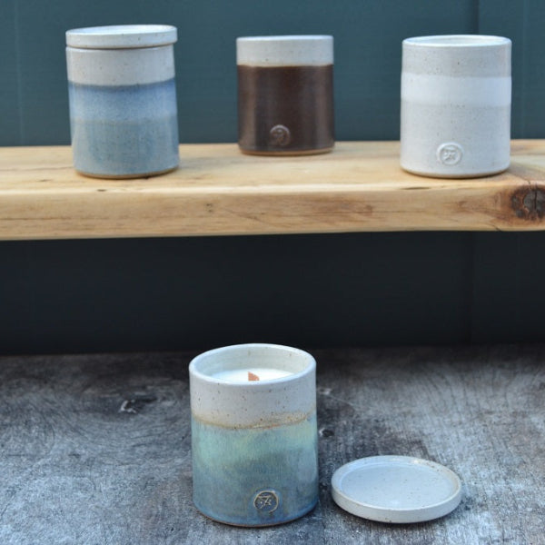 Stoneware Candle with a lid in hand thrown and glazed in Sea Green. Other colour candles in this Collection