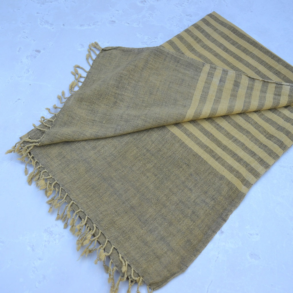 Handwoven organic linen in a grey contrast stripe with a natural fleck to the fabric. This is hand dyed with natural botanical dyes 2