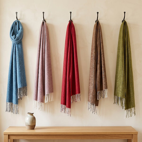 Frenni wool scarves group of five colours hanging wall hooks