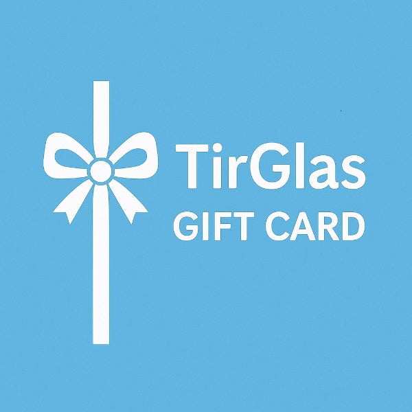 Cardiff Workshops Gift Cards. TirGlas gift card design with a white bow on a blue background