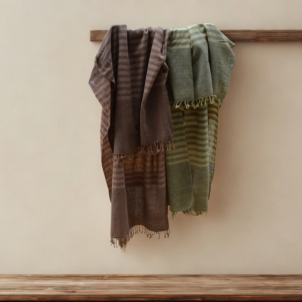 Handwoven organic linen in a grey contrast stripe with a natural fleck to the fabric. This is hand dyed with natural botanical dyes 1