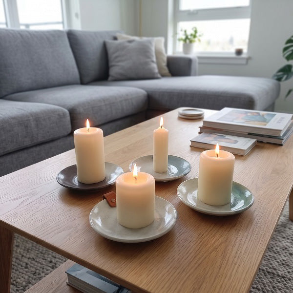 Handmade stoneware candle plates with leather strap. In four glaze colours