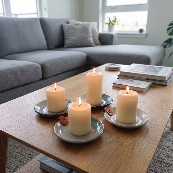 Handmade stoneware candle plates with leather strap. In four glaze colours 