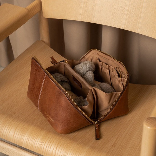ReDesigned Project 10. Beauty box style knitting bag designed for yarn enthusiasts and knitting aficionados. Burned Tan