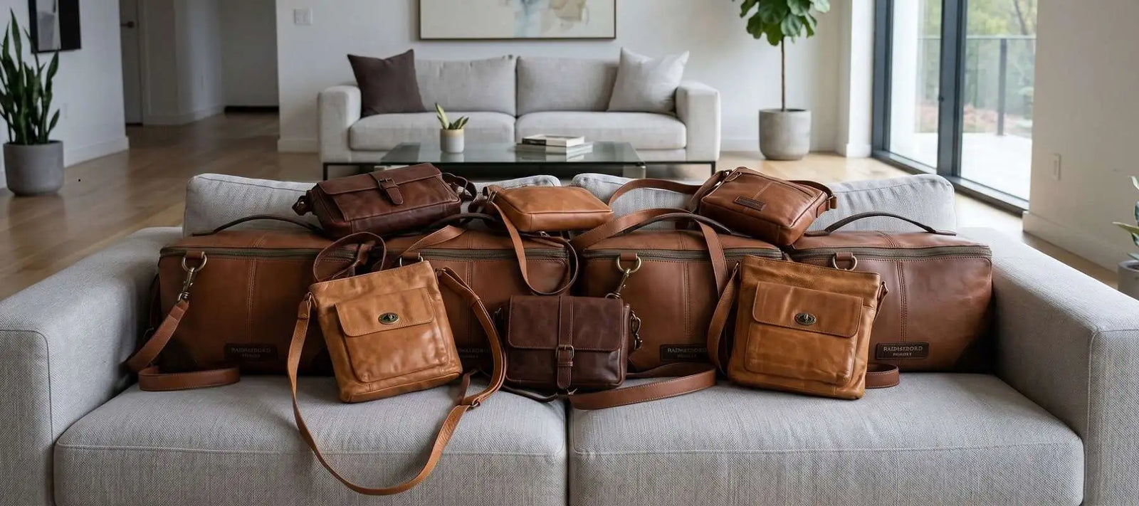 Collection of Redesigned Project leather Crossover and Carrier bags on a light grey sofa in a modern living room.