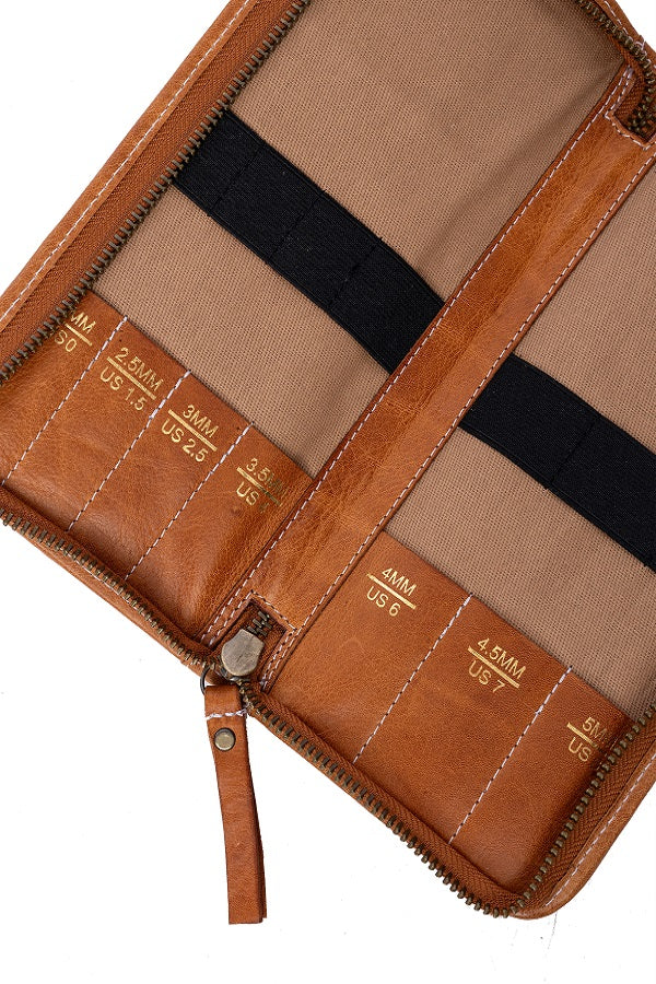 Redesigned project 102 premium leather  needle case - burned tan open view