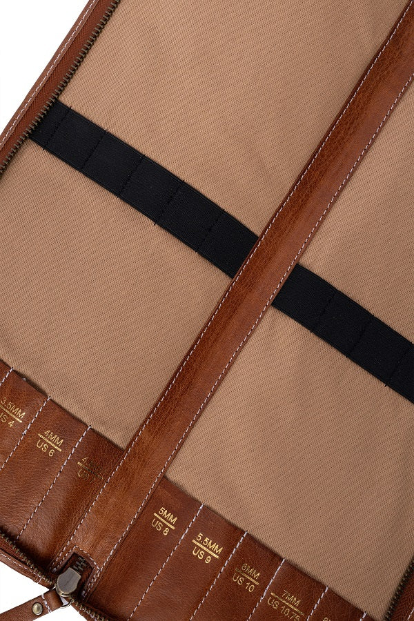 Redesign Project 113 needle case, handcrafted in premium leather. For 35 cm jumper needles - Walnut open view 1