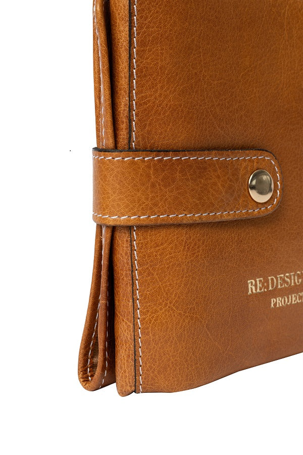 Redesigned Project 34 handcrafted in premium leather. Keep you interchangeable needles organised - Burned Tan view of button closure