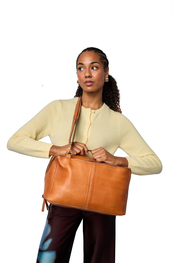 Redesigned Project 90 knitting bag, handcrafted in premium leather. Large for a sweater or jumper project - Burned tan, shown with shoulder strap 1