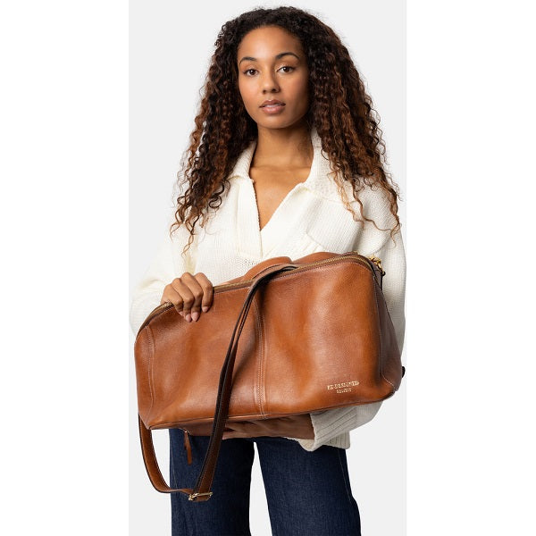 Redesigned Project 40 leather bag with shoulder strap. Walnut