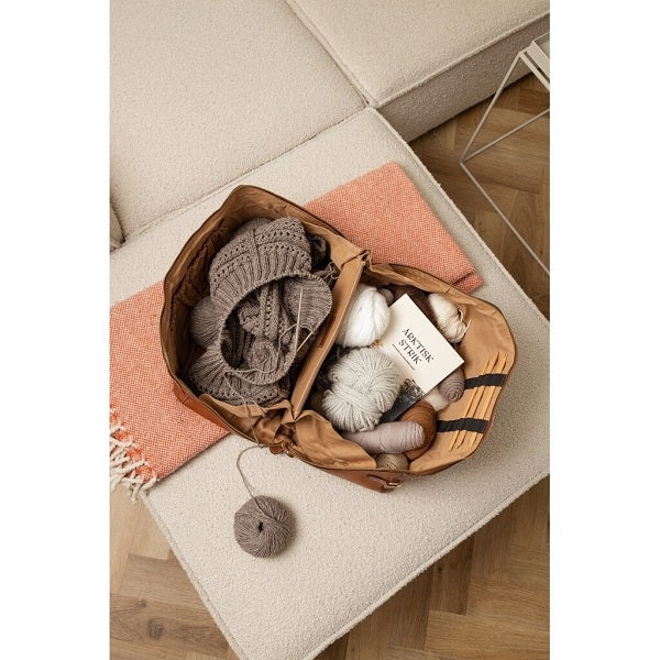 Redesigned Project 40 leather bag with shoulder strap. open view. Walnut