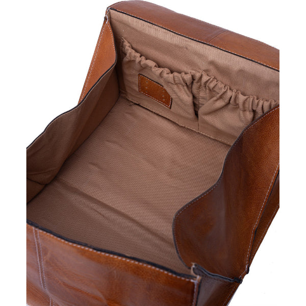 Project 115, a handcrafted leather knitting accessory bag designed to keep multiple knitting projects neatly organised in style, at home or on the go. Burned Tan