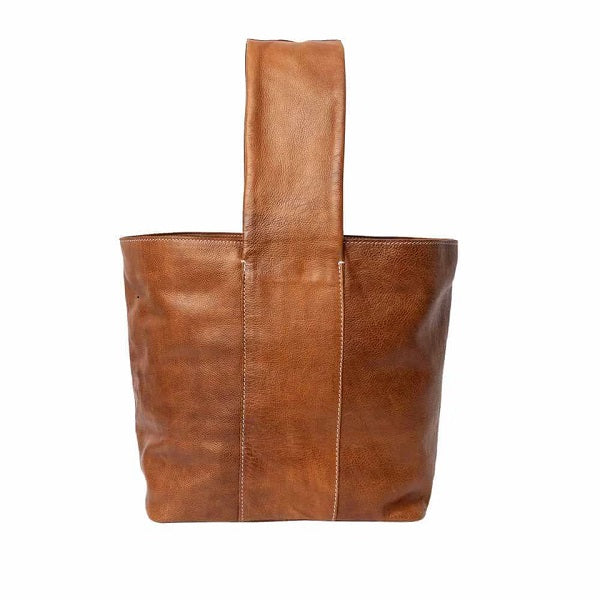 Redesigned Project 81 walnut  leather tote bag on a white background