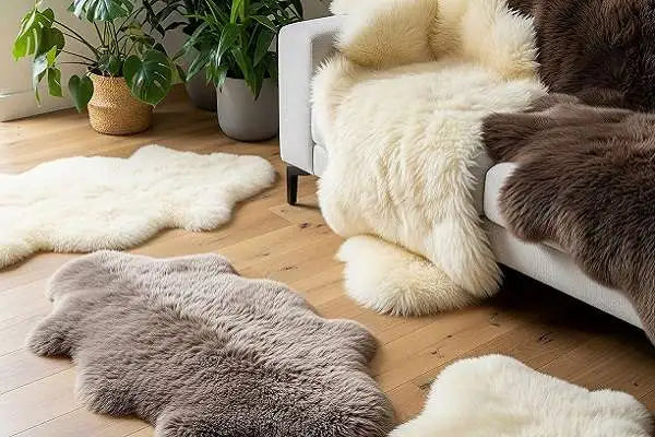 Fluffy sheepskin rugs in various colours on a wooden floor with plants in the background