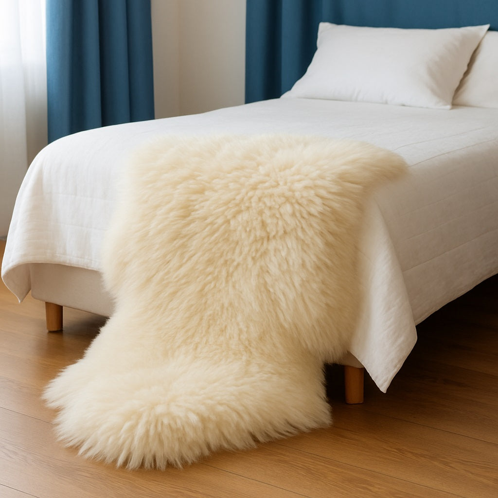 Single sheepskin rug in natural off-white colours draped over a bed. Perfect for the living room or the bedroom