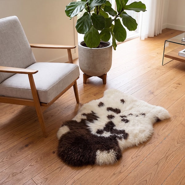 Jacob rare breed sheepskin rug in its natural colours and patterns