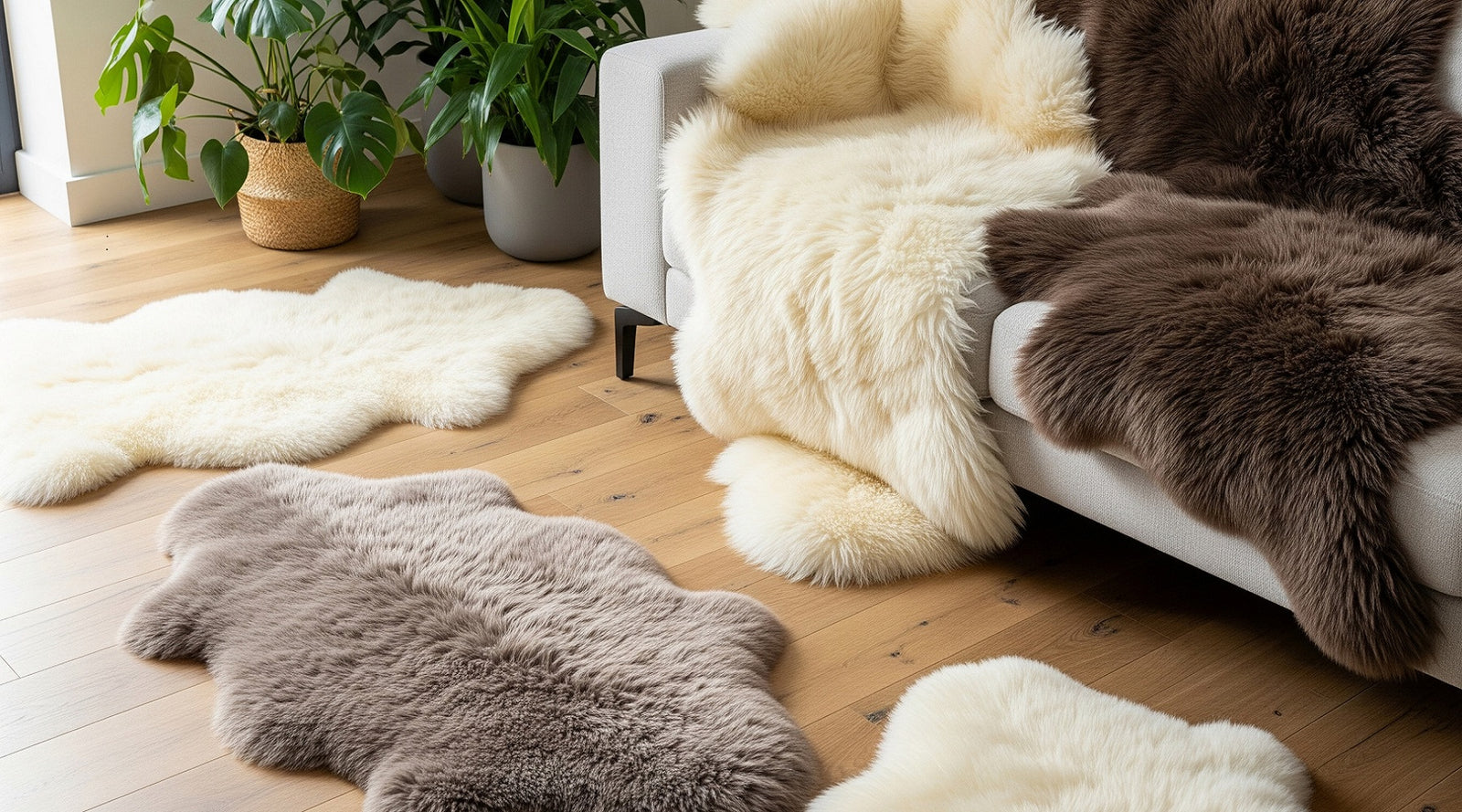 Sheepskin rugs in various colours on a wooden floor with plants in the background