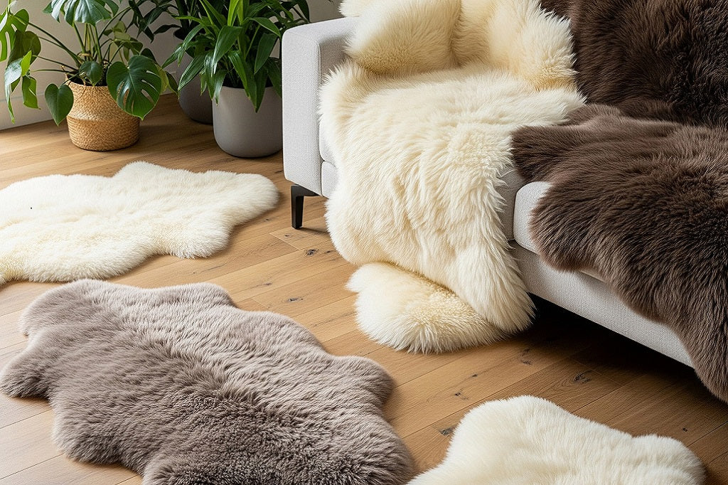 Sheepskin rugs in natural colours on a wooden floor with a white chair.