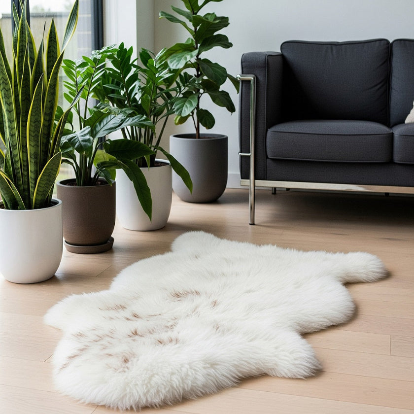 Two tone sheepskin rug in natural colours on a wooden floor with potted plants and a black sofa in the background.