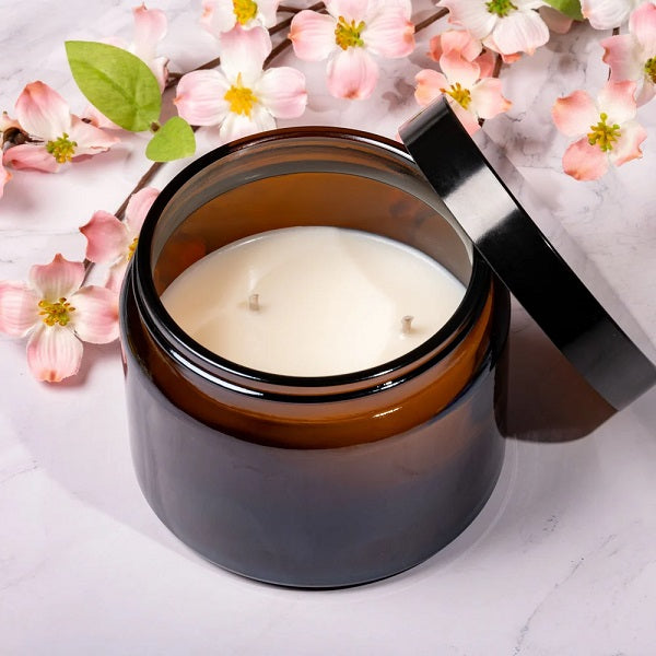 TirGlas Candles - A dark amber apothecary style glass jar 3 wick candle with a matching black screw-on lid. Lid off image