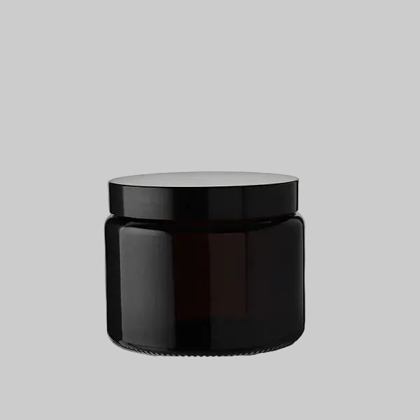 TirGlas Candles - A dark amber apothecary style glass jar 3 wick candle with a matching black screw-on lid