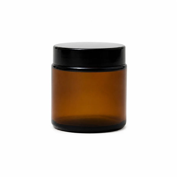 TirGlas Candles - An amber, apothecary style 10 cl glass jar with a black screw-on lid. Hand poured soy wax candles.