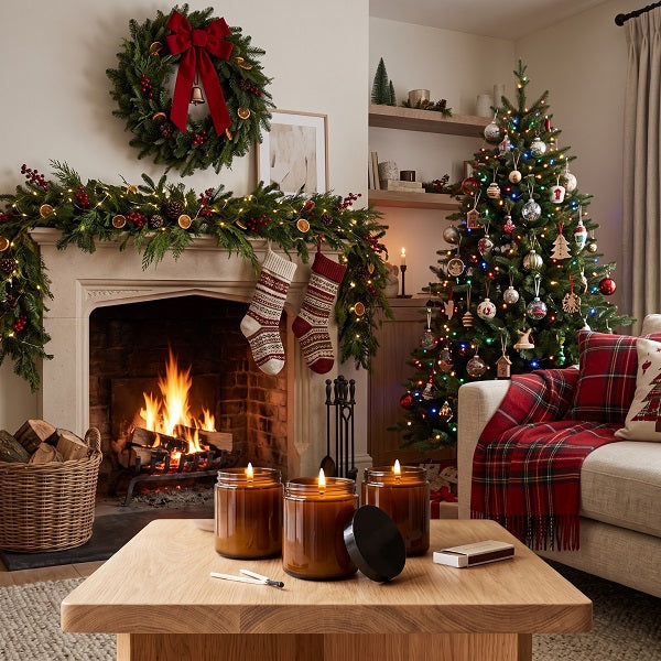A cosy Christmas living room scene with a lit fireplace, green garlands, stockings, a decorated Christmas tree, and three amber glass jar candles on a wooden table in the foreground.