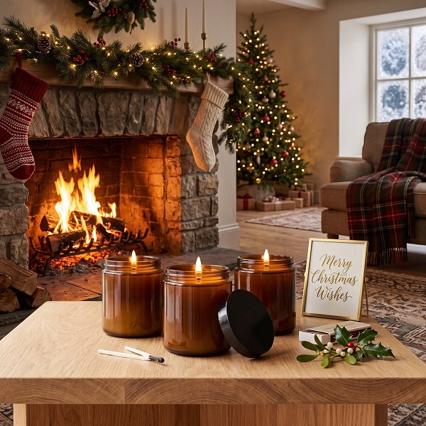Christmas wishes. Three lit amber glass jar candles with black lids sit on a wooden table in a cosy living room, with a fireplace, stockings, a Christmas tree, and a small sign reading 'Merry Christmas Wishes' in the background.
