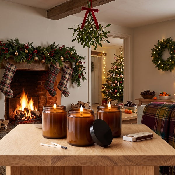 Mistletoe kisses. Three amber glass jar candles with lit flames sit on a wooden table in a cosy living room. A fireplace with stockings, green garland, mistletoe, and a decorated Christmas tree are visible in the background.