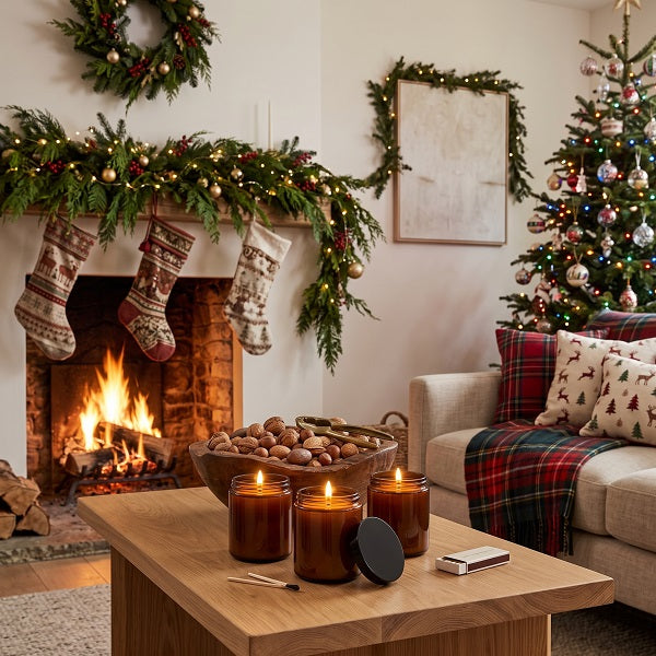 Nutcracker. A cosy living room decorated for Christmas, featuring a lit fireplace with green garlands and patterned stockings, a decorated Christmas tree, and a wooden coffee table in the foreground holding three amber glass candles with lit flames.