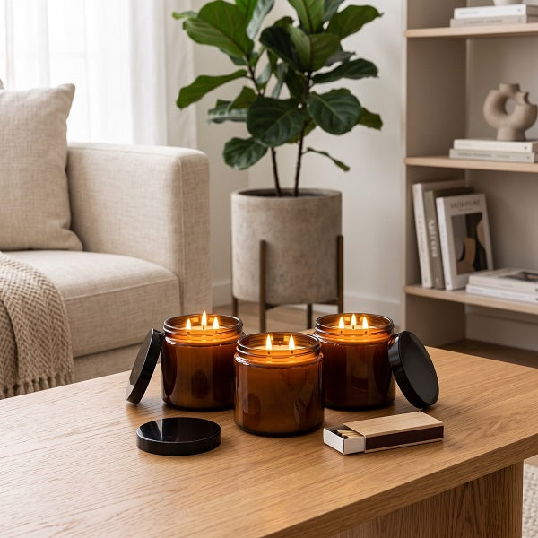 TirGlas 3 wick candles. Three amber glass jar 3 wick candles with black lids are arranged on a wooden table in a cosy living room setting, with a sofa, potted plant, and bookshelf in the background.