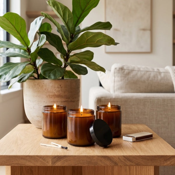 TirGlas Apothecary style candles. Three amber glass jar candles with lit flames sit on a wooden table in a cosy living room setting, alongside a black lid, a match, and a matchbox. A large potted fiddle-leaf fig plant and a light beige sofa are visible in the background. 